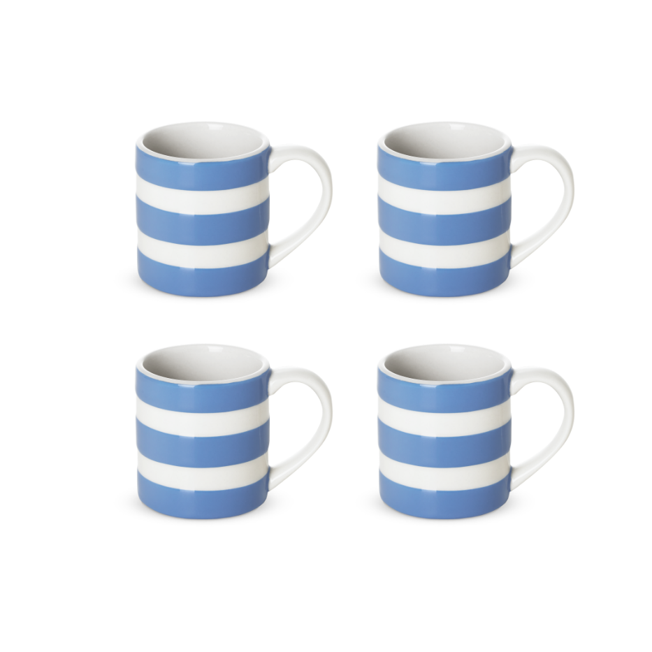 A set of four blue and white striped espresso mugs.