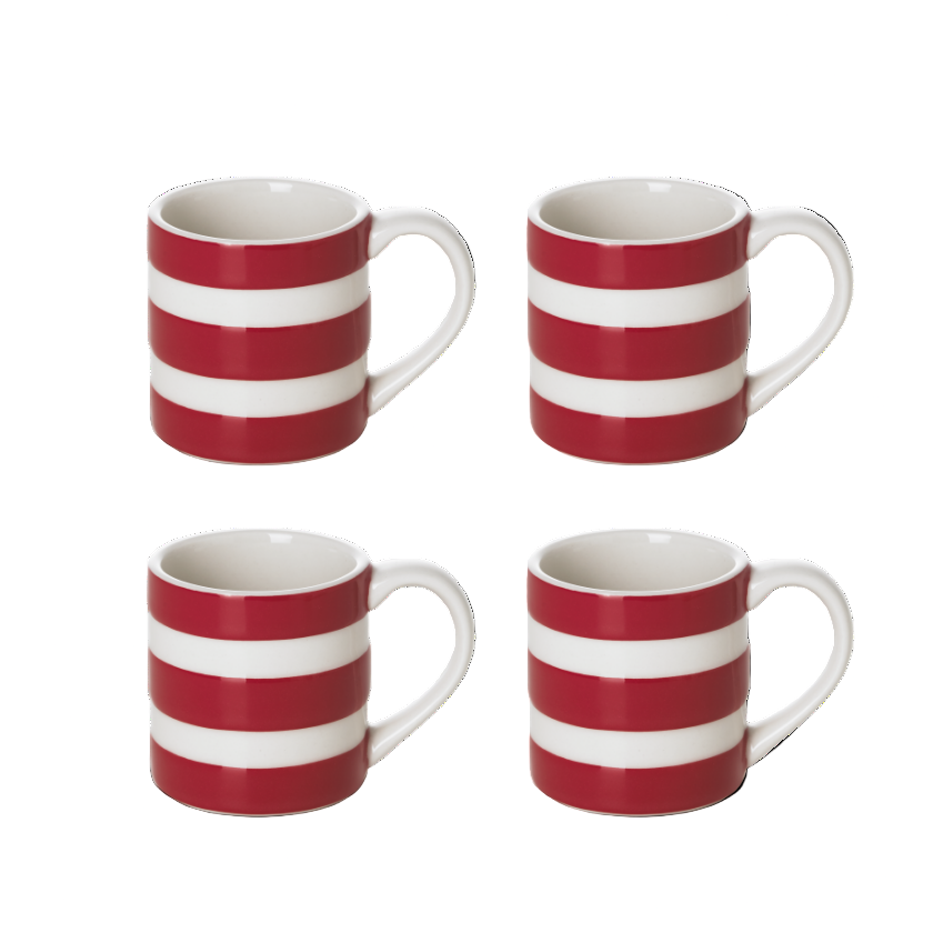 A set of four red and white striped espresso mugs.