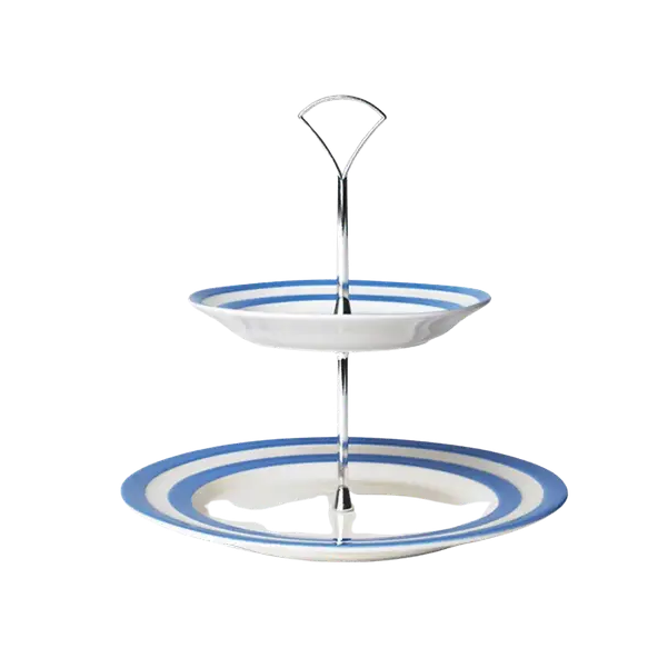 Two-tiered ceramic serving tray with Cornishware blue stripes on a white background