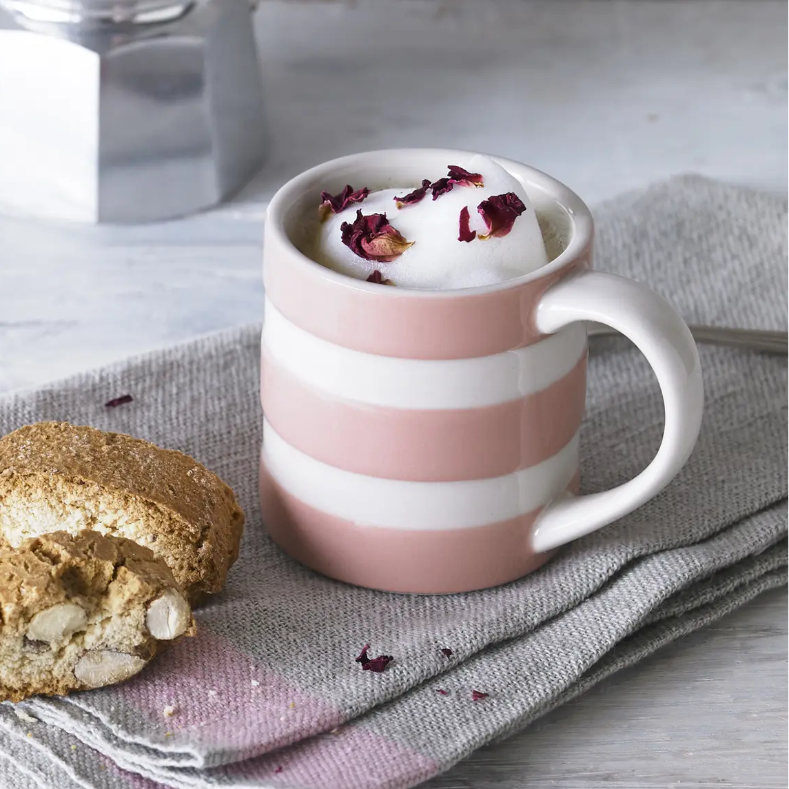 Pink and white striped Cornishware mug