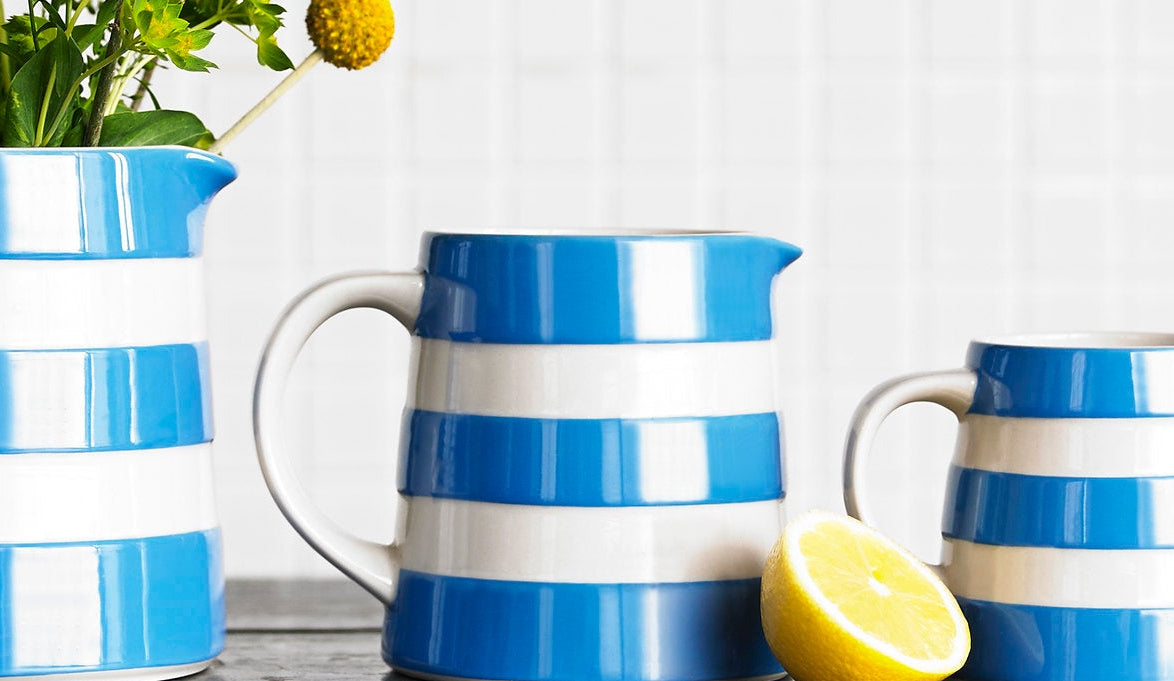 Dreadnaught blue and white striped ceramic jugs Cornishware