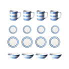 Set of Cornish blue and white striped mugs, plates, and bowls