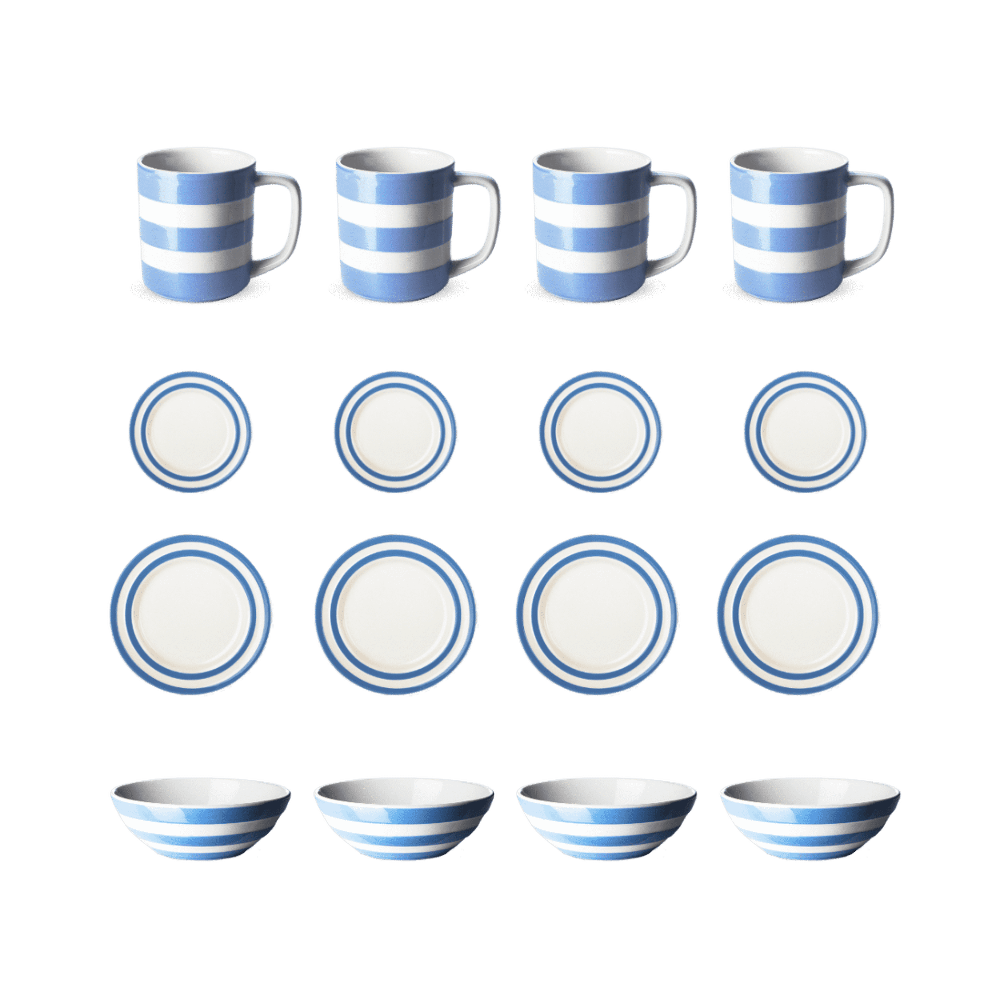 Set of Cornish blue and white striped mugs, plates, and bowls