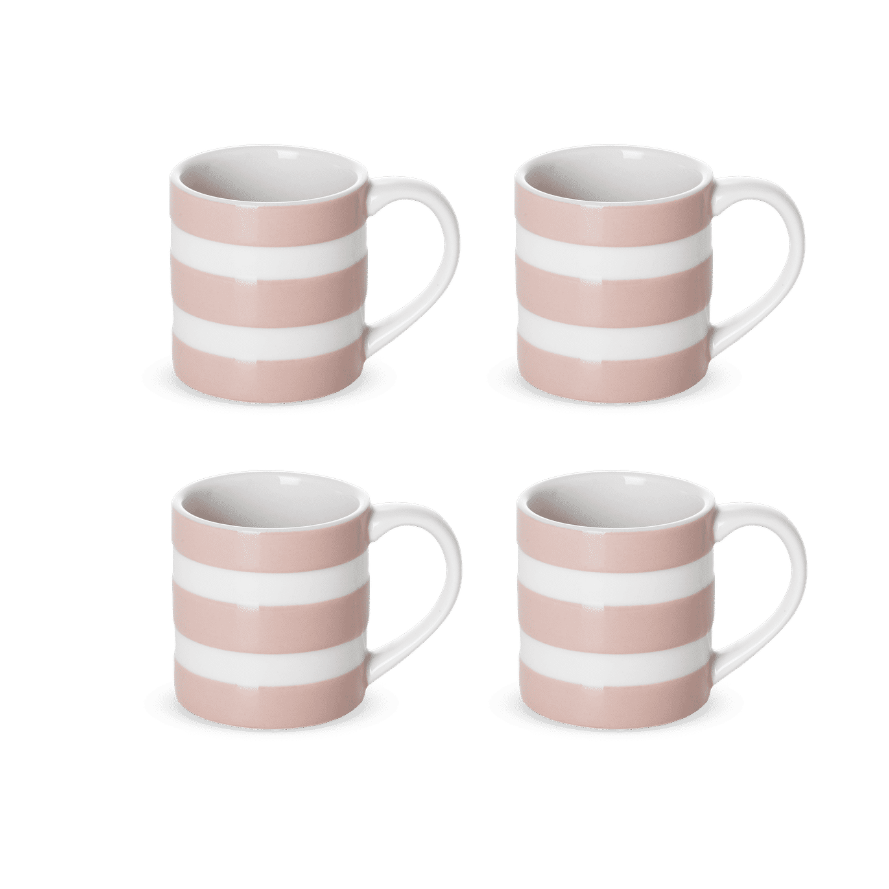 Four pink and white Cornishware striped mugs 